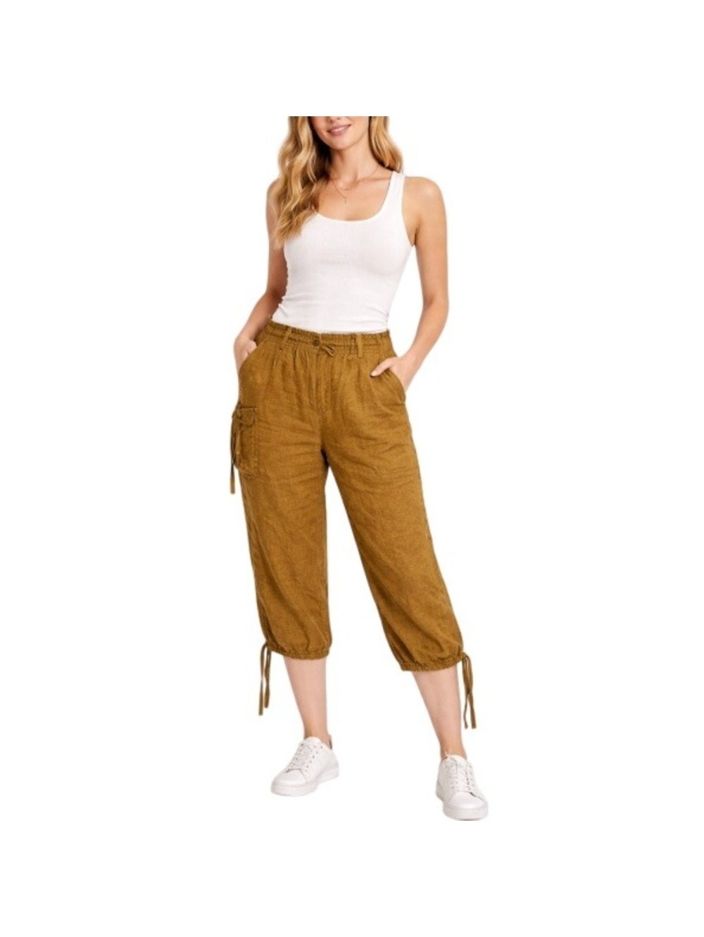 Sundance Women's Mustard Ochre 100% Linen Cargo Cropped Pants Size 8